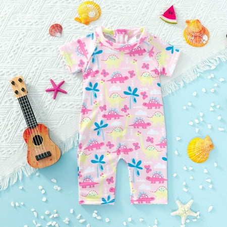 Baby Girl Swimwear Short Sleeve Cartoon Dinosaur Prints 1 Piece Swimwear Beach Onesie Bikini Kids Swimsuits Red 12 Months-18 Months