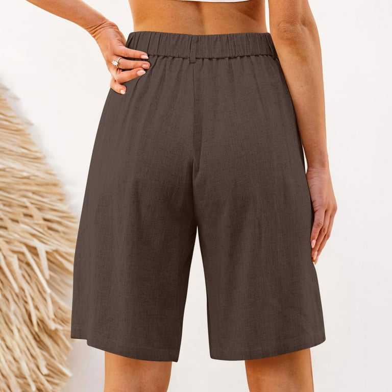 Husipze Linen Dress Shorts Women Elastic High Waisted Wide Leg Casual Loose  Buttons Bermuda Shorts with Pockets Coffee XL - Walmart.com