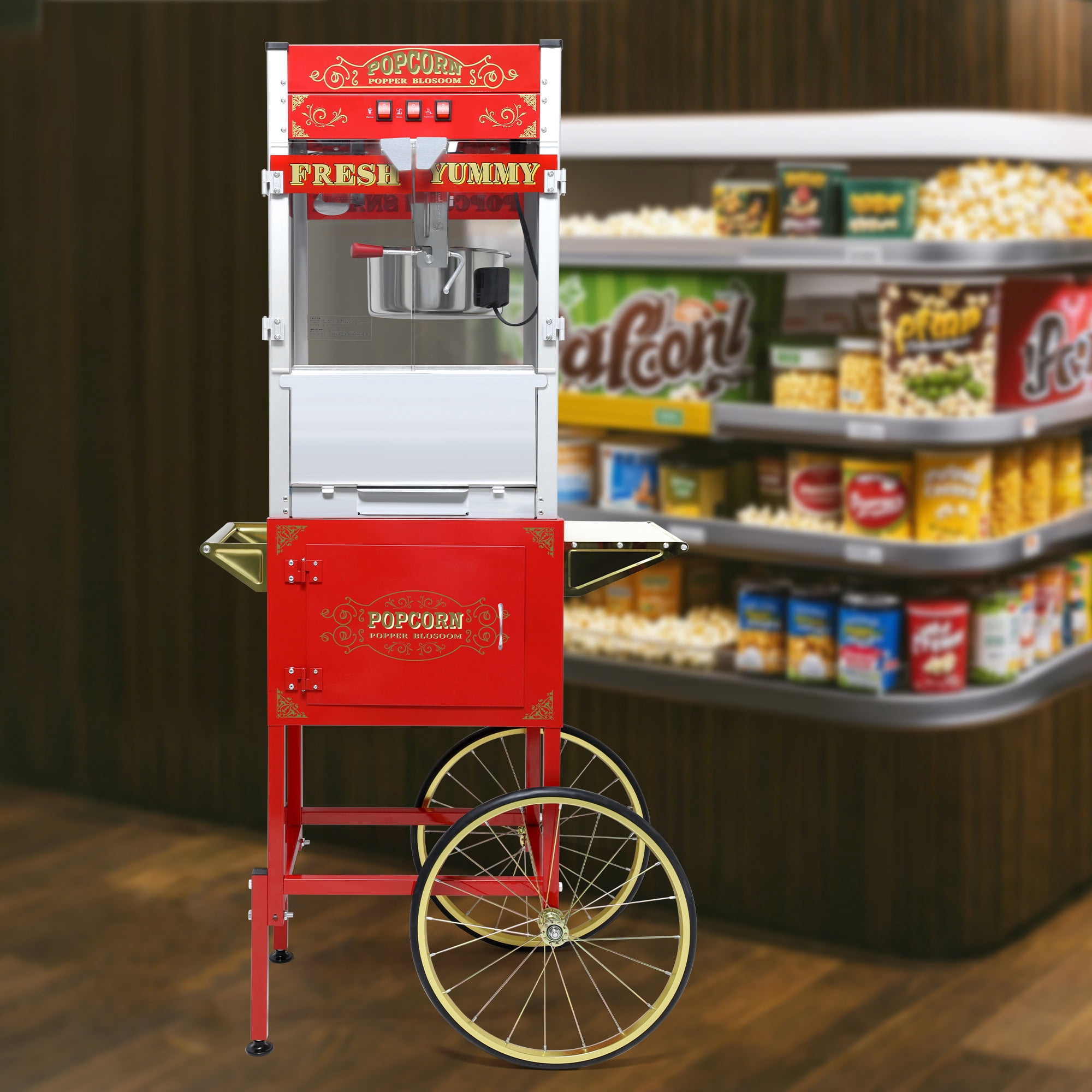 Leumius Commercial Popcorn Machine with Cart and 20-Ounce Kettle,Vintage-Style Popcorn with Tempered Glass and Warming Deck, 1450W Popcorn Popper for Parties, Events and Home Theater Red