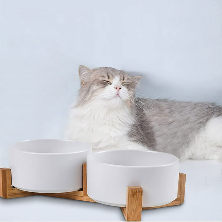 White Ceramic Dog Cat Bowl Dish With Stand For Food And Water Feeder ,  Modern Cute Heavy Weighted Pet Bowls Set For Cats & Small Size Dogs 13.5 Oz  (5.