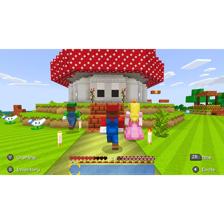 Mario, Luigi, and Princess Peach approaching a giant red-and-white mushroom house in Minecraft