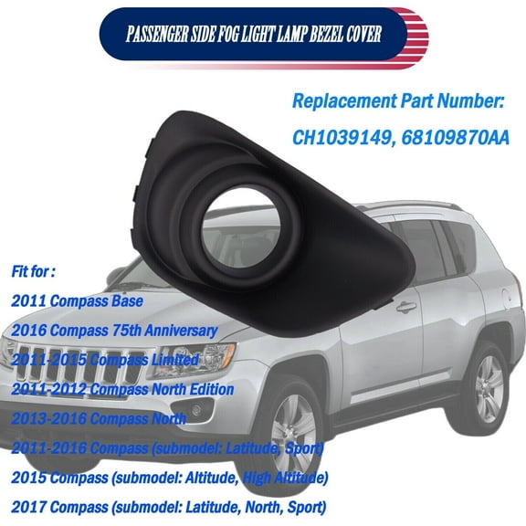 Front Right Passenger Side Fog Light Lamp Bezel Cover for 2011-2017 Jeep Compass