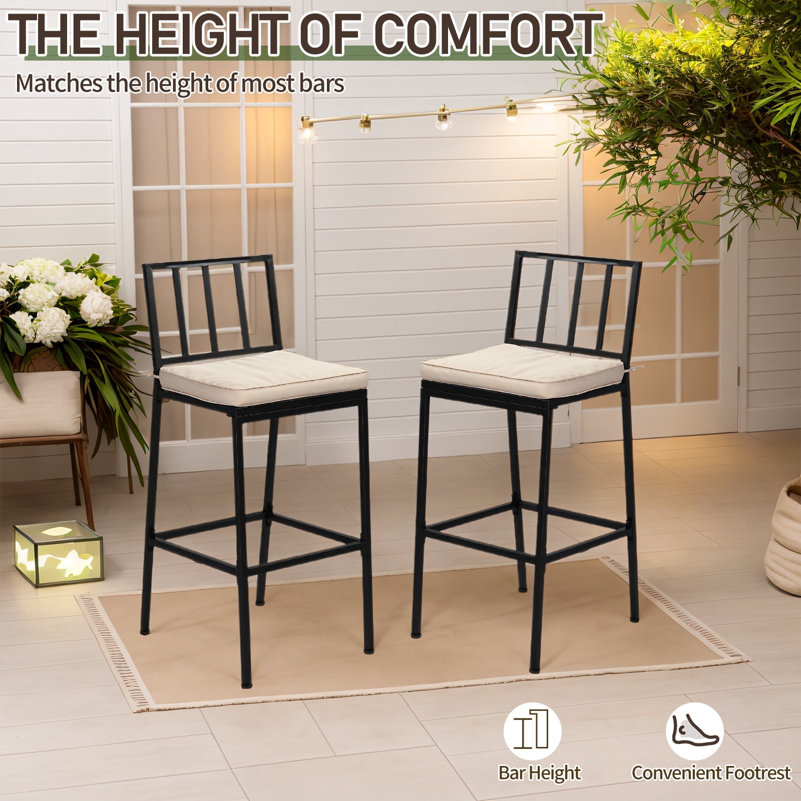 Ktaxon 2Pcs Outdoor Bar Stools, Weather Resistant Outdoor Bar Seating with Detachable Cushion, Heavy-Duty Metal Frame Bar Set of 2 for Garden Porch Pool