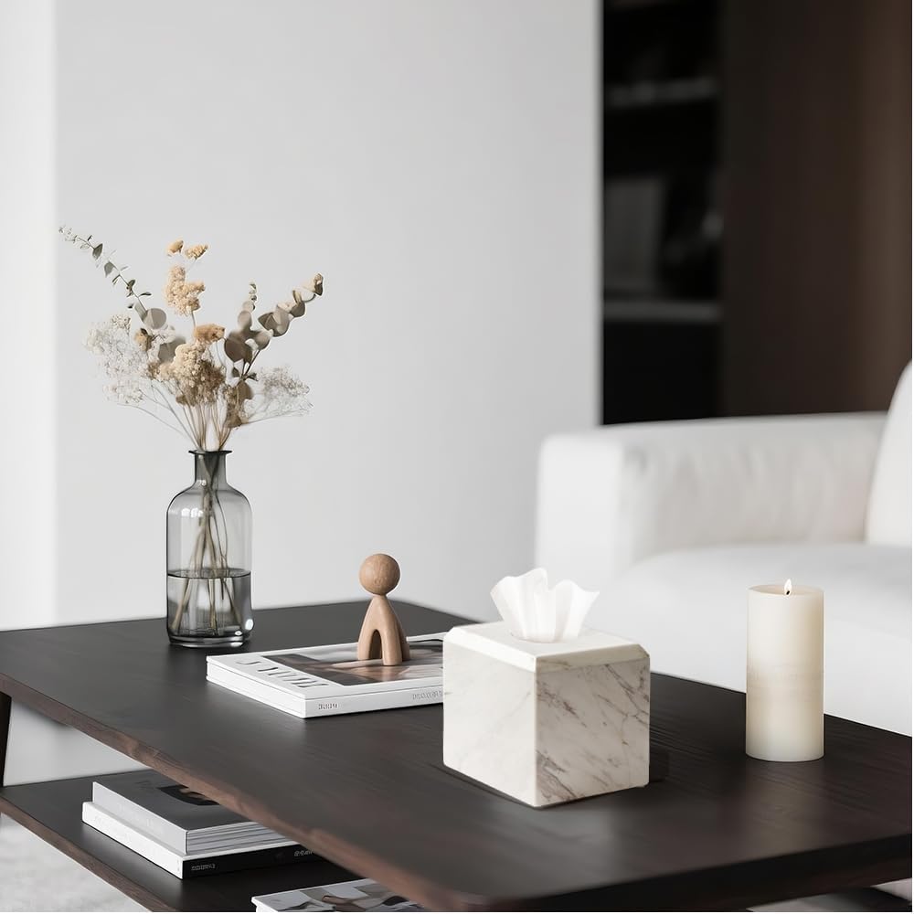 Tissue Box Cover Italy Natural Marble Heavy Duty Square Facial Toilet Paper Holder for Bathroom Living Room Bedroom Dresser Vanity Kitchen Minimalistic Office Home Decor Jazz White (WH014)
