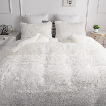 Exquisite 3 - Piece Ultra Soft  White Faux Fur Plush Comforter Set for Full/Queen Beds - Cozy Shaggy Flannel Velvet Luxury