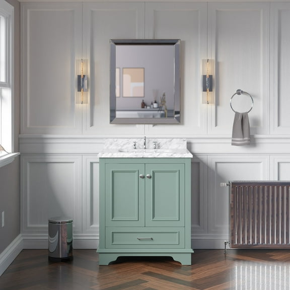 Nantucket 30" Bathroom Vanity with Sage Green Cabinet and Carrara Marble Top