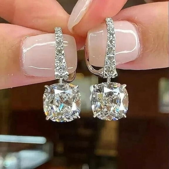3 CT Cushion Cut Lab Created Diamond Pretty Engagement Drop Dangle Earrings For Her 14K White Gold Plated