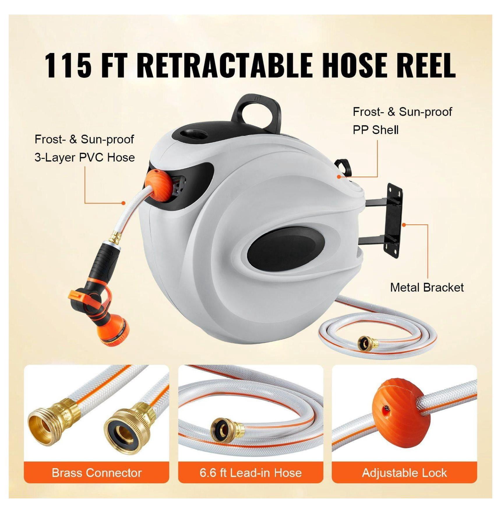 Retractable Hose Reel 115ft x 1/2", Wall Mounted Water Hose Reel with Auto Rewind, 180° Swivel, 9-Pattern Nozzle - Garden, Lawn, Car Washing