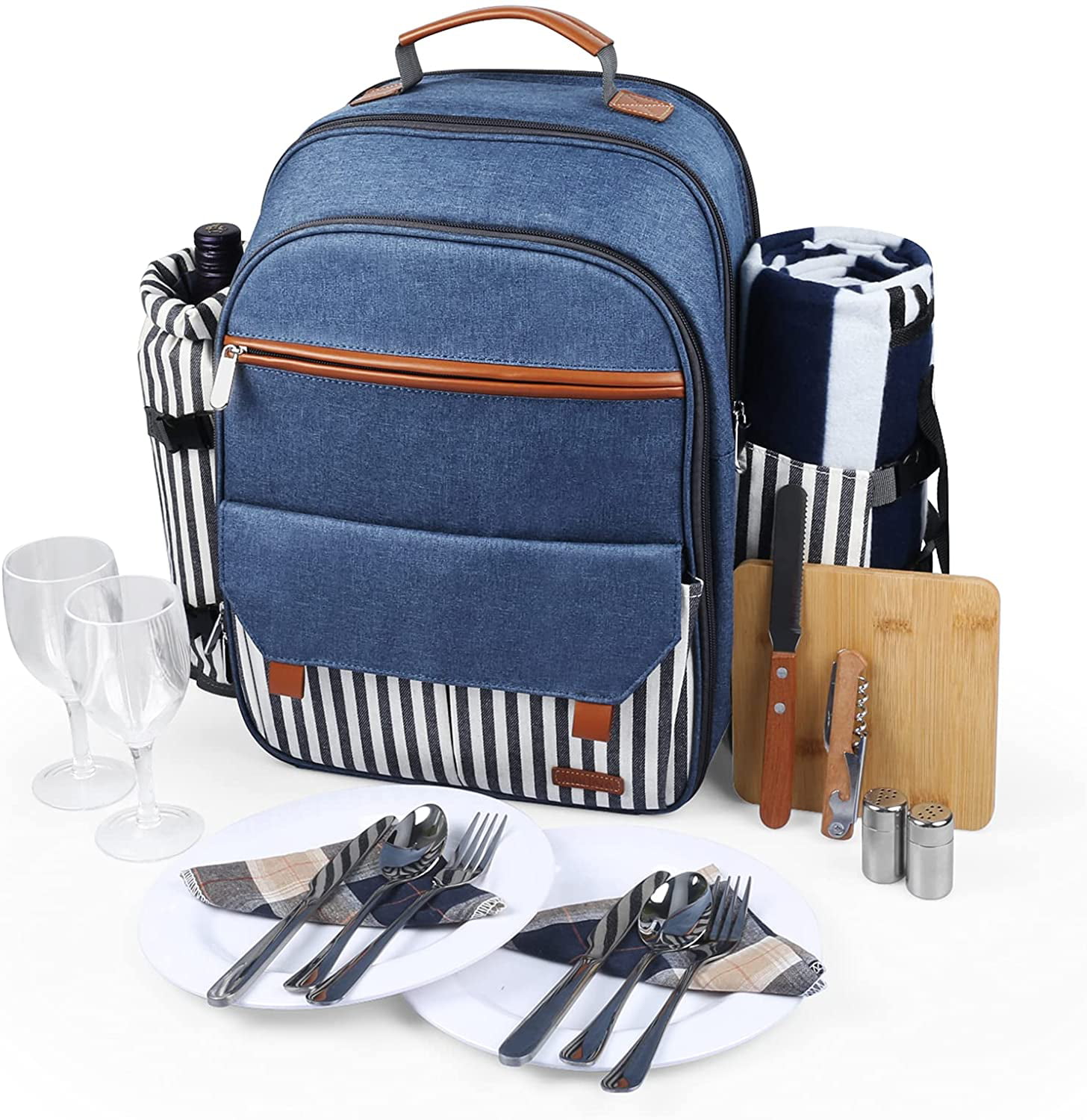Small Navy Blue Insulated Picnic Basket Lunch Tote Cooler Picnic Backpack w/ Two Place Setting 