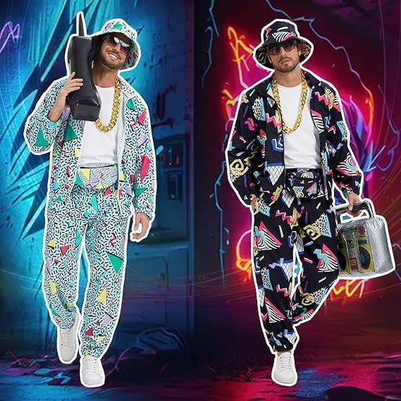 HNKMDK 80s 90s Men Hiphop Style Tracksuit Long Sleeved Top and Trousers  Outfit Halloween Retro Disco Party Sportswear(Black,M) - Walmart.com