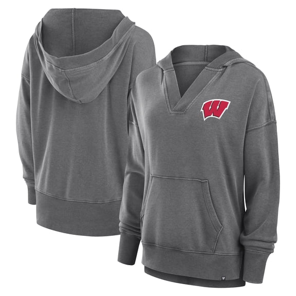 Women's Fanatics Heather Gray Wisconsin Badgers Initiative Snow Wash French Terry V-Neck Pullover Hoodie