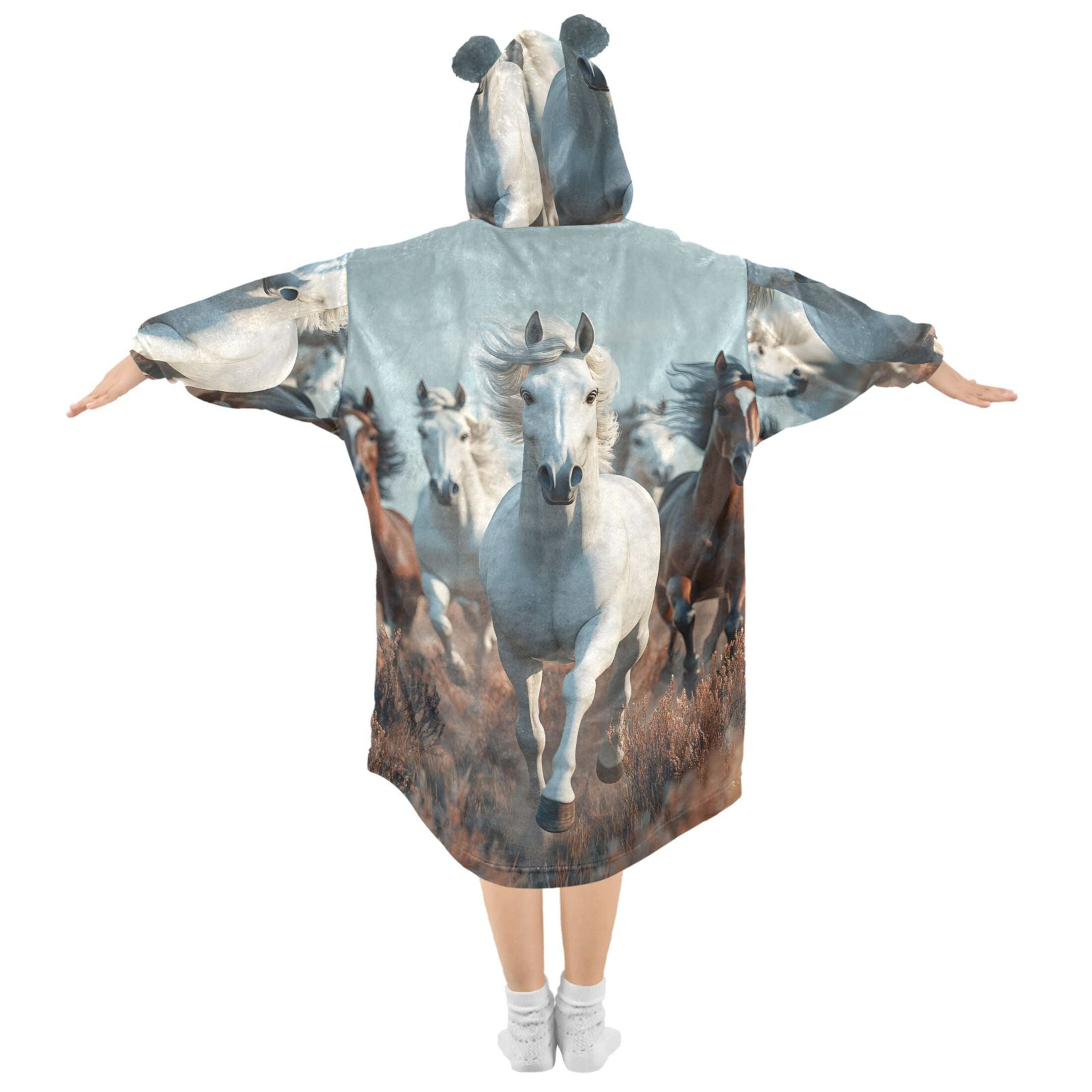 joogoo Wearable Blanket Hoodie 3d Horses Running for Flannel Sherpa Pocket 3-14 YR L