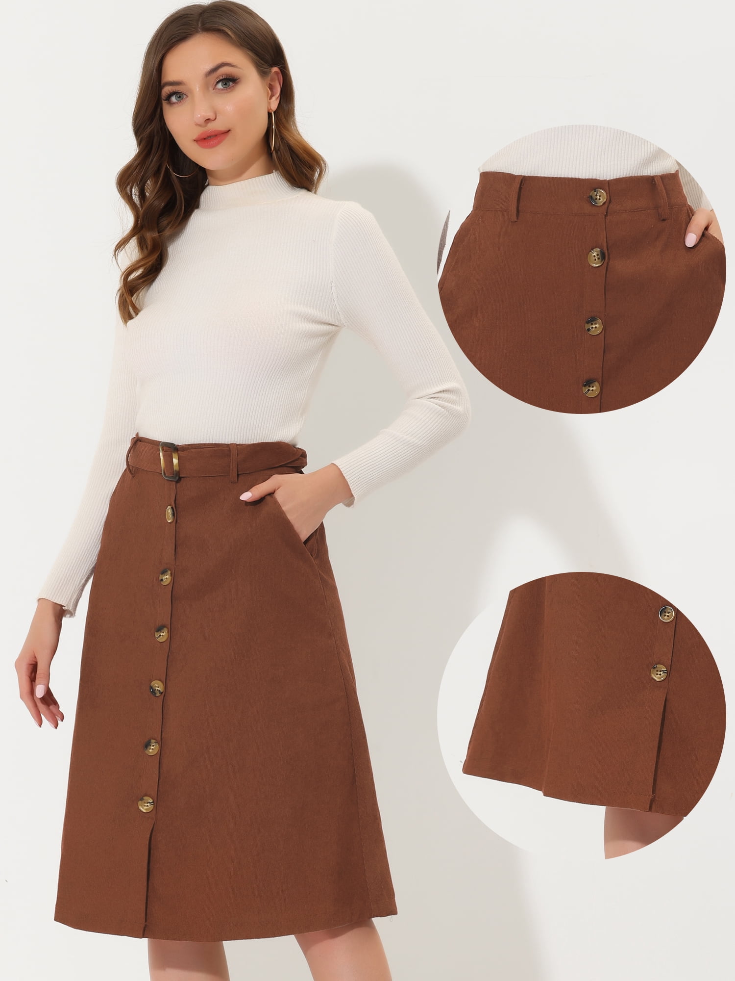 DARING DIVA Women's A-Line Button Front Belted Midi Skirts XS Brown