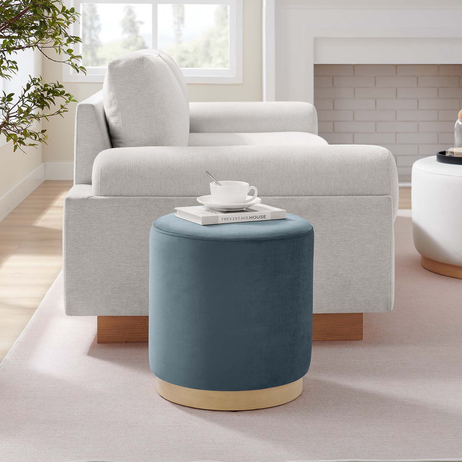 Tilden 16" Round Performance Velvet Upholstered Ottoman in Cadet Blue Natural