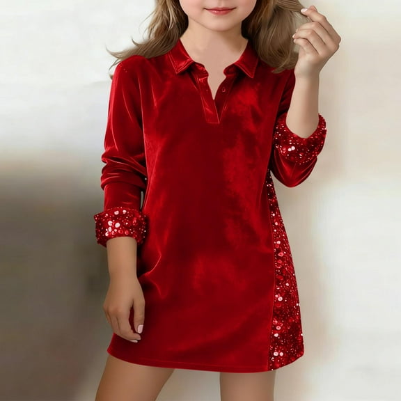 Tdoqot Girls Velvet Sequin Dress- Long Sleeve Luxurious Turndown Collar Soft Kids Party Mini Dresses Red Size 10-12 Years