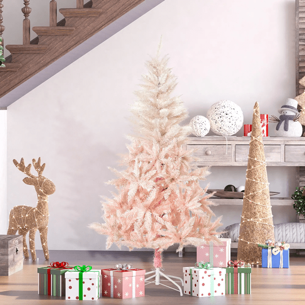 59"H Pink Christmas Tree - 450 Realistic PVC Tips, Auto-Open Branches, Detachable Foldable Metal Base, Sweet Holiday Decor for Home/Bedroom/Office