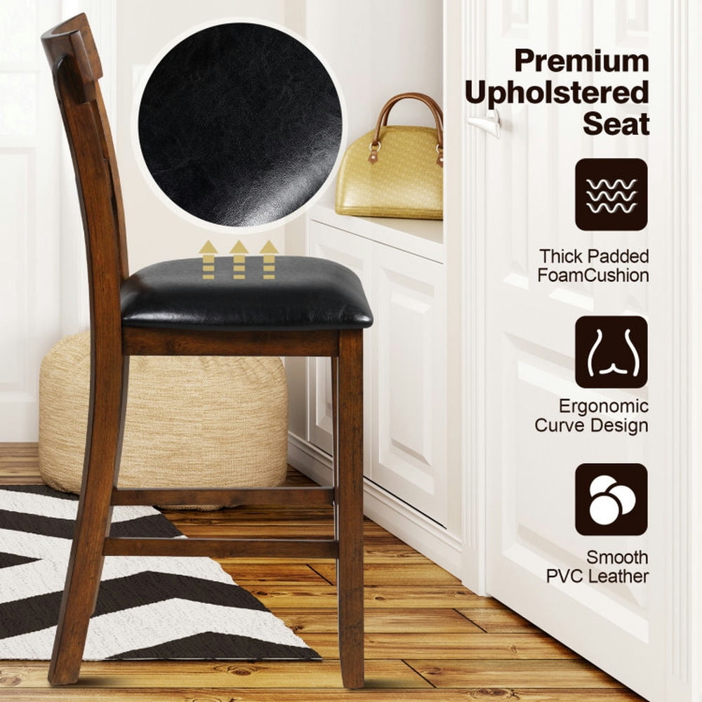 Demi Bonn 2 Pieces Counter Height Chair Set with Leather Seat and Rubber Wood Legs, Modern Bar Stools with Backrests, Black