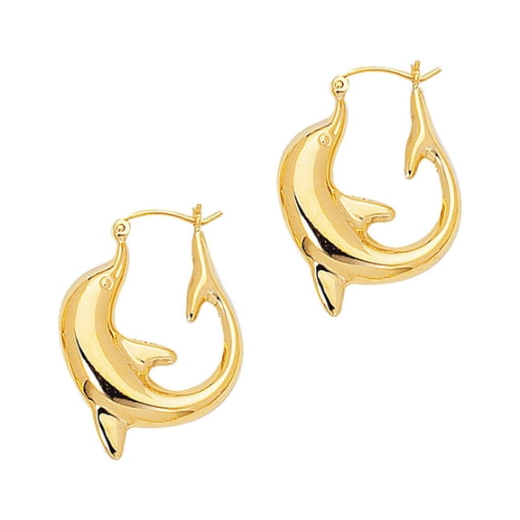 14K Yellow Gold Shiny Large Dolphin Symbolic Hoop Earrings with Hinged by IcedTime