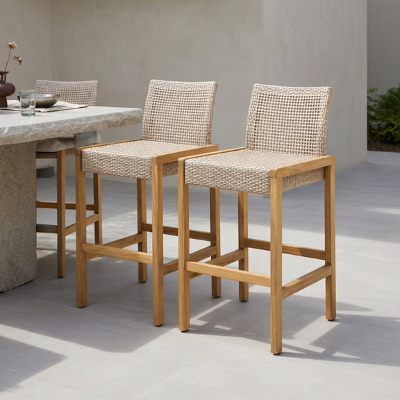Resenkos Set of 2 Rattan Patio Wood Barstools Dining Chairs with Backrest, Brown
