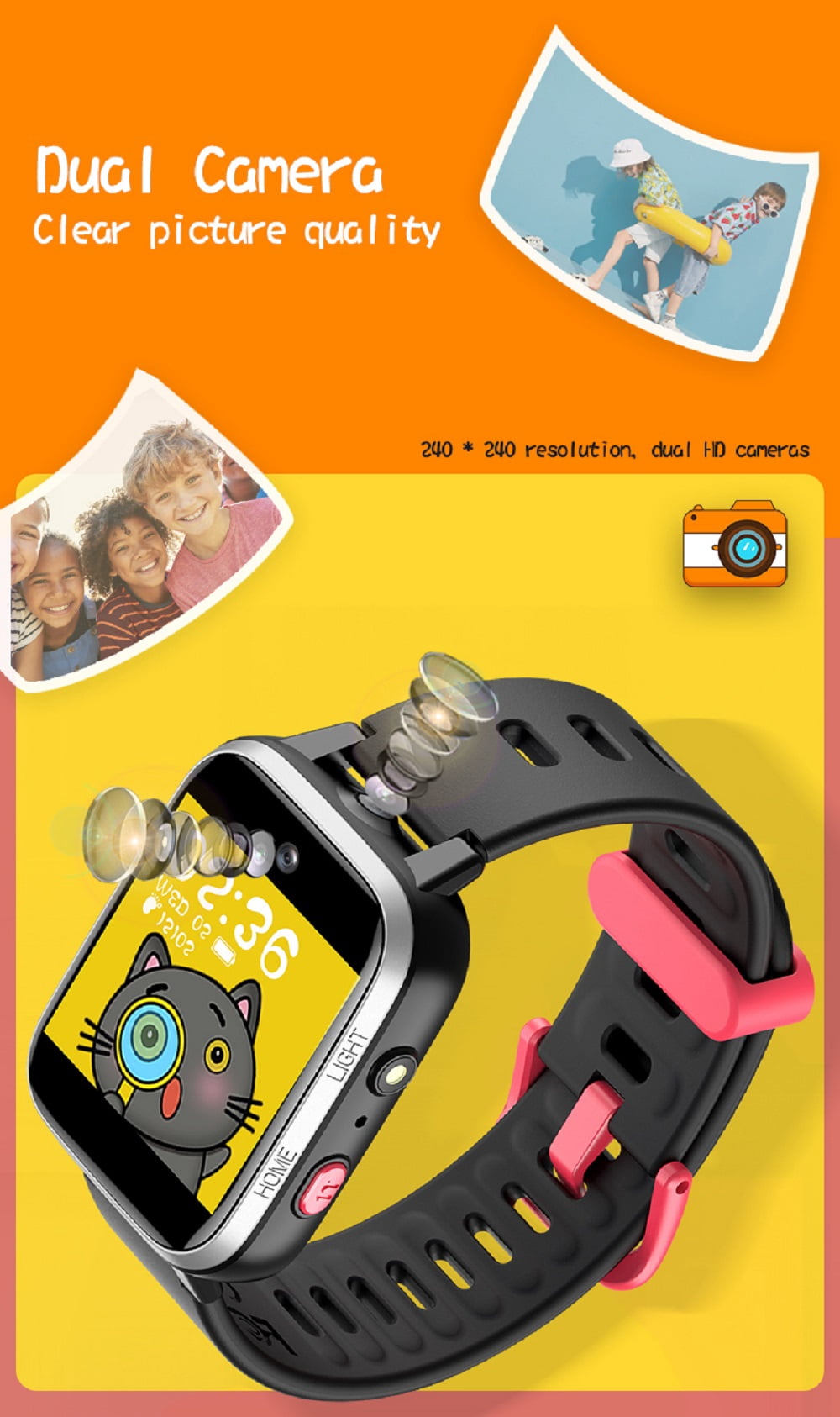 YUNOVA Y90 PRO Kids Smart Watch for Ages 5-12, IP67 Waterproof HD Touch Screen with Dual Camera, Music Player, 7 Educational Games & Pedometer, Durable Silicone Strap Birthday Gift for Boys Girls