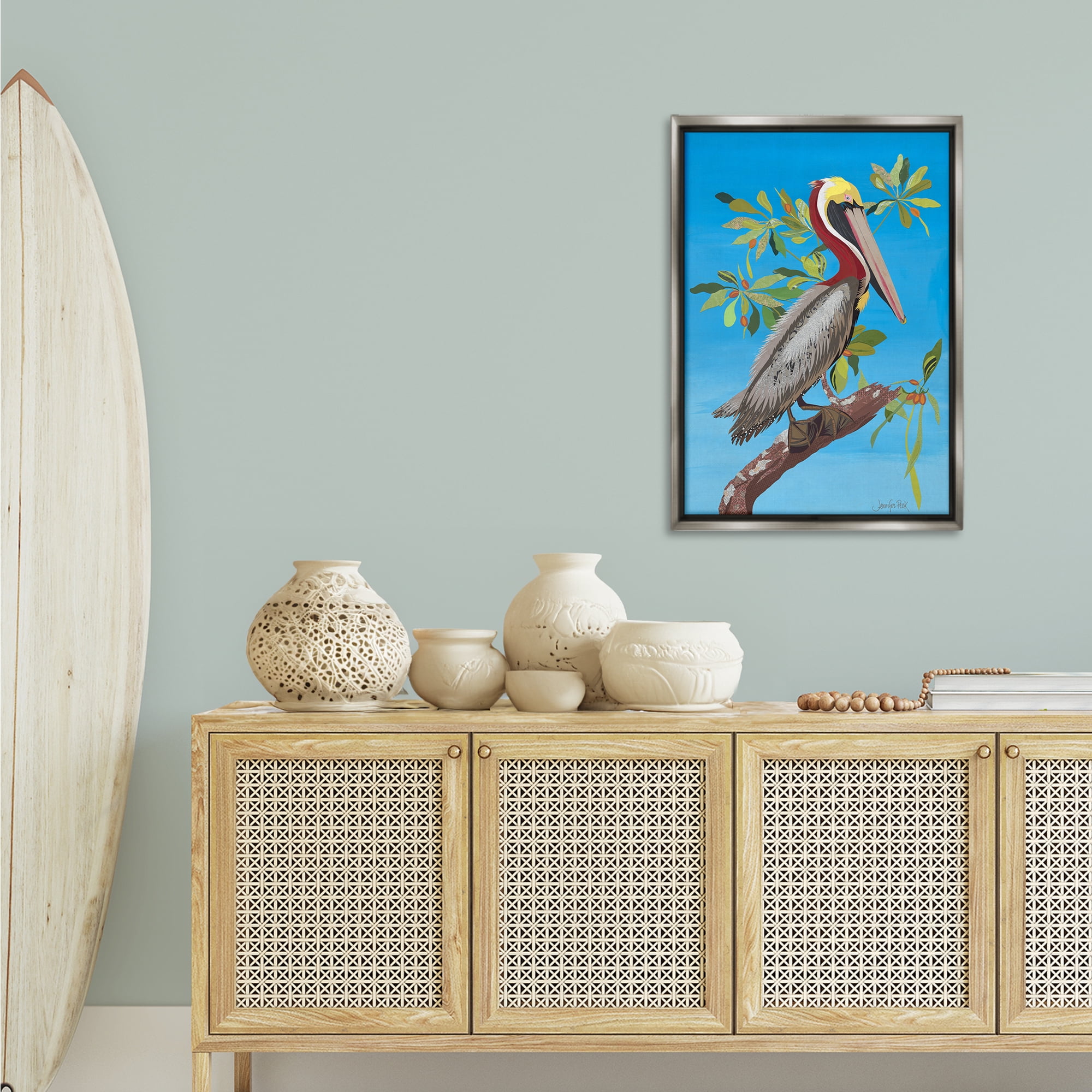 Stupell Industries Brown Pelican on Tree Animals & Insects Painting Gray Floater Framed Canvas Art Print Wall Art, 21 x 31