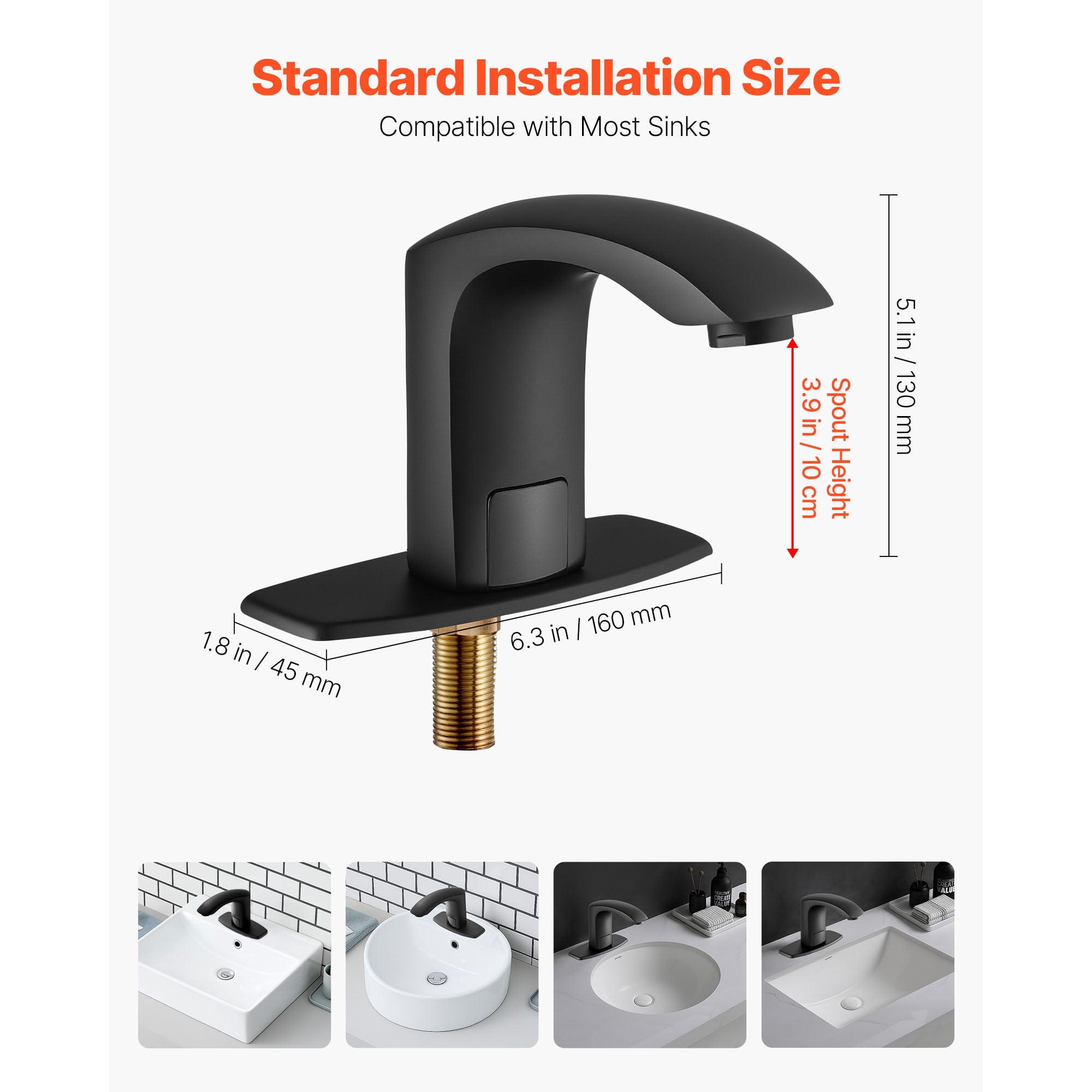 KFFKFF Touchless Bathroom Sink Faucet with Motion Sensor, Automatic Restroom Faucet with Cover Plate, Battery Powered, Adjustable Temperature for 9/16 in Pipe, Commercial Lavatory, Matte Black