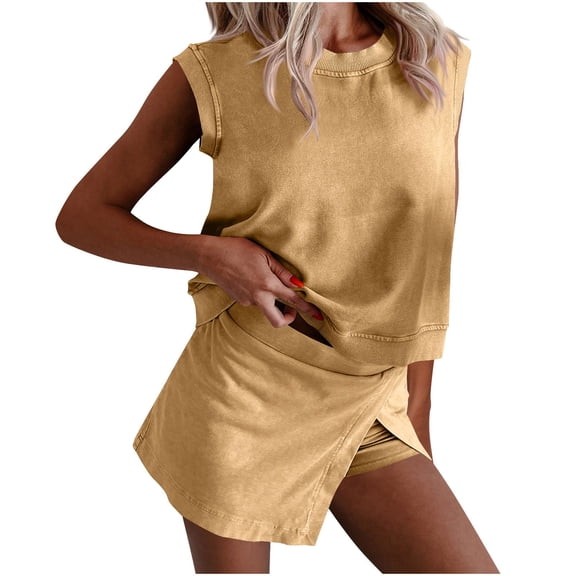 biudgviw Womens Summer 2 Piece Lounge Sets Soft Cotton Sleeveless Tank Tops with Split Front Skorts Shorts Workout Sets Travel Outfits