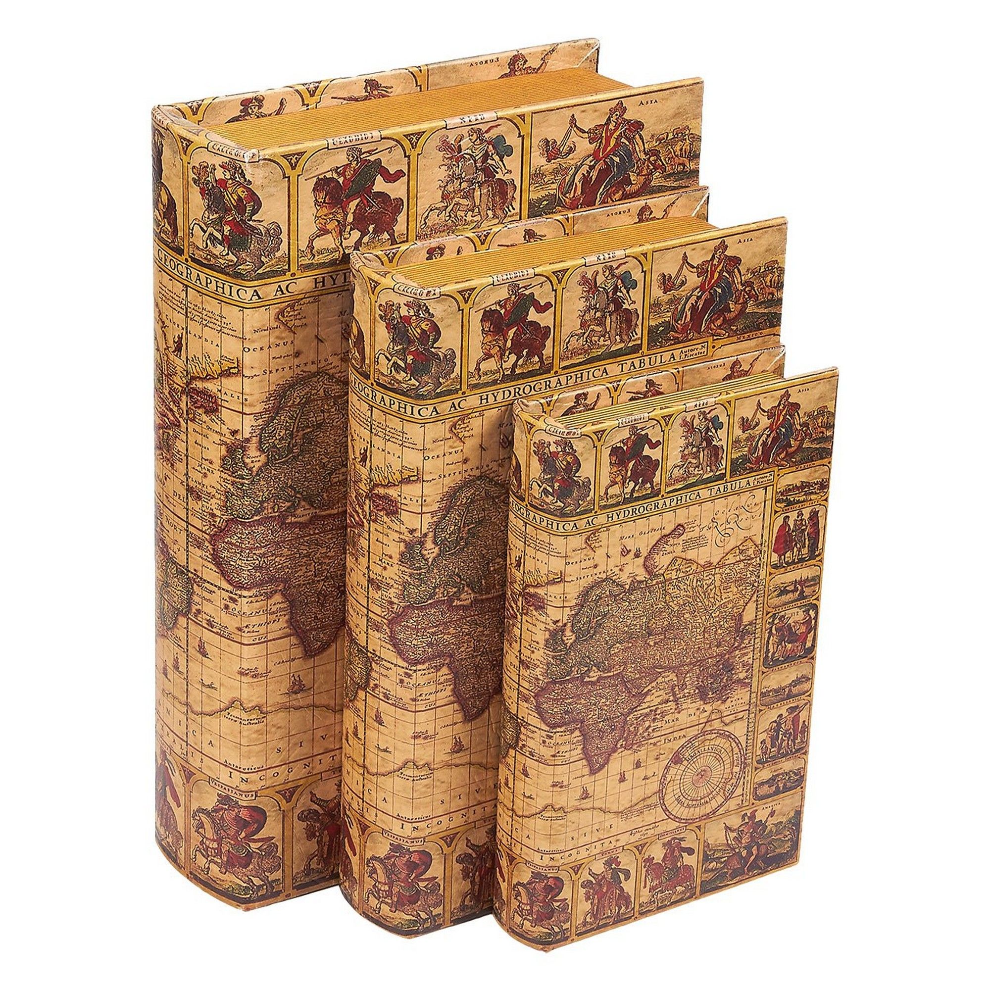 3 Piece Decorative Storage Book Boxes Set, Trinket Book Safe, Antique Map Design 8, 10, 12