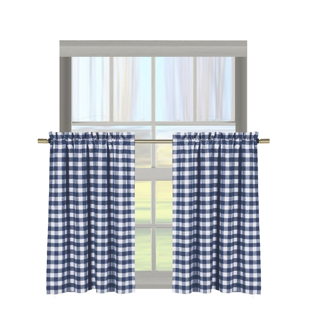 Navy Blue Gingham Check Kitchen Window Curtain Café/Tier Set Plaid, 29
