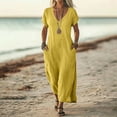 thumbnail image 2 of Women's Linen Cotton Blend Dress with Three Quarter Sleeves Pleated Solid, 2 of 9