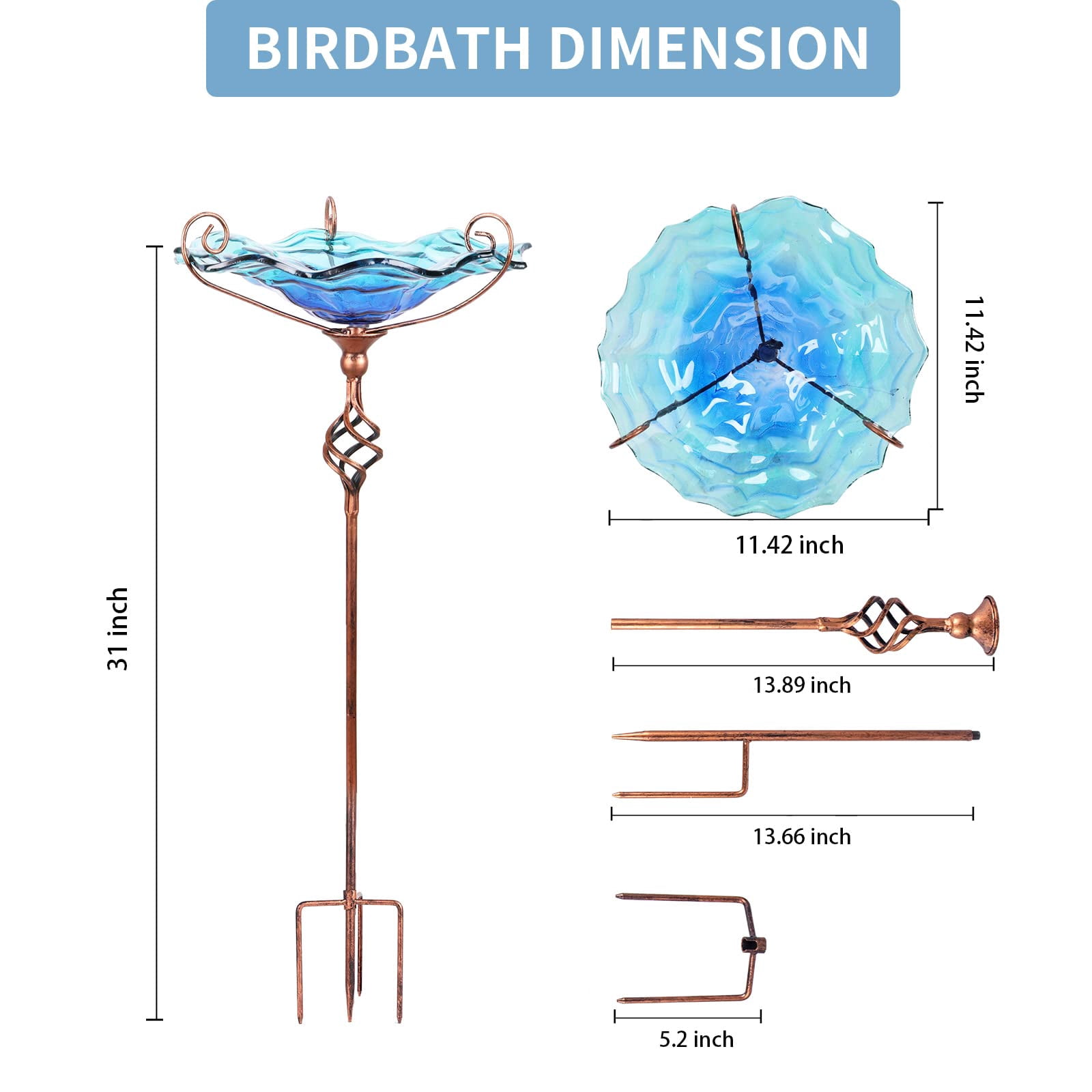 Bird Baths for Outdoors, Glass Bird Bath Bowl with Metal Birdbaths for The Garden Outside, Blue, 31 Inch Height
