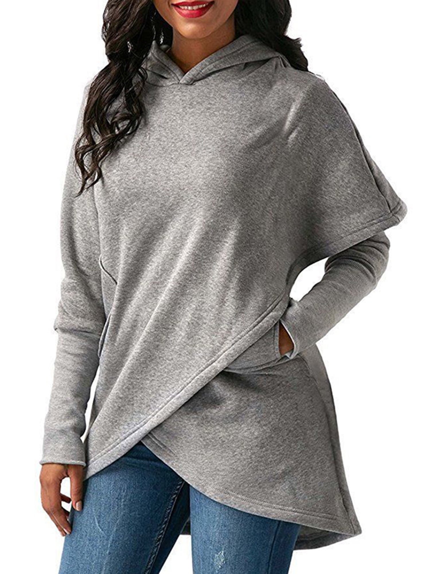 Women Fashion Hoodie Sweatshirts Long Pullover Casual Floral Jumper Asymmetric Irregular Hem Blouse