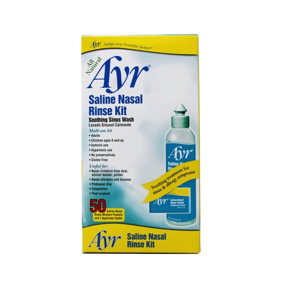 AYR Saline Nasal Rinse Kit, Soothing Sinus Wash, Multi-Use Kit for Adults & Children Ages 6 , 50 ct