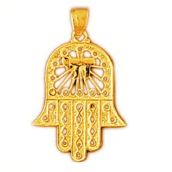 14K Yellow Gold Hamsa Hand with Chai Pendant, Made in USA