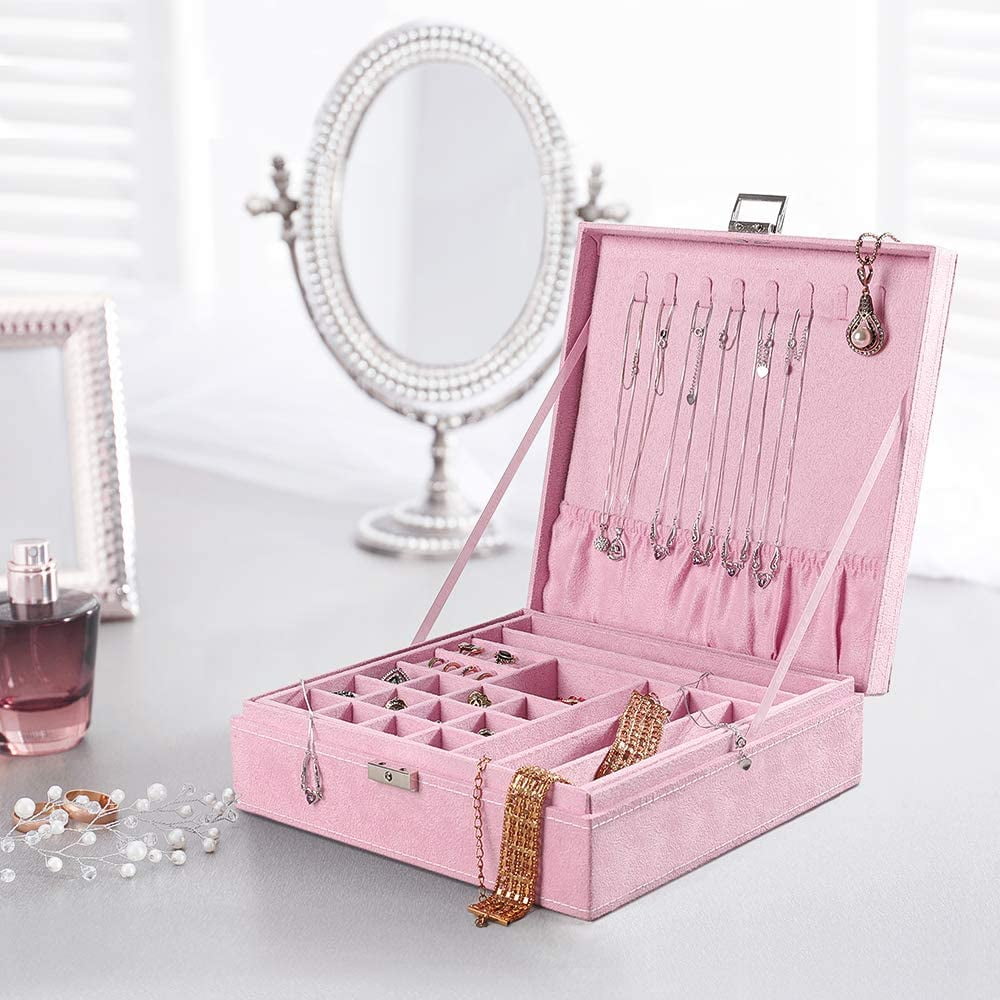 Jewelry Box Organizer, 2 Layers Lint Jewelry Display Storage Case with Lock - Pink