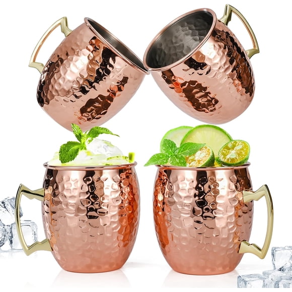 Vensio Moscow Mule Mugs 16 OZ Hammered Copper Cups Stainless Steel Lining Brass Handles 4 Pack