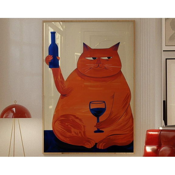 Bar Cart Decor, Cat Poster, Wine Print, Retro Kitchen Decor, Mid Century Modern Decor, Trendy Wall Art, Cheers Print, Dining Room Print, 8x12 UNFRAMED