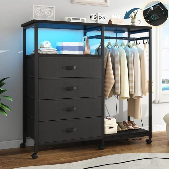 3-in-1 Dresser with Clothes Rack, 4 Drawers, Charging Station, LED Lights, and Wheels, Rustic Brown Storage Chest for Bedroom, Living Room, Hallway(Textured Matte Black)