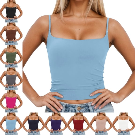 GPOECD Womens Tank Tops with Built in Bra Slim Fit Removable Padded Adjustable Spaghetti Strap Layering Satin Camisole Tops for Women 01_Light Blue,XS