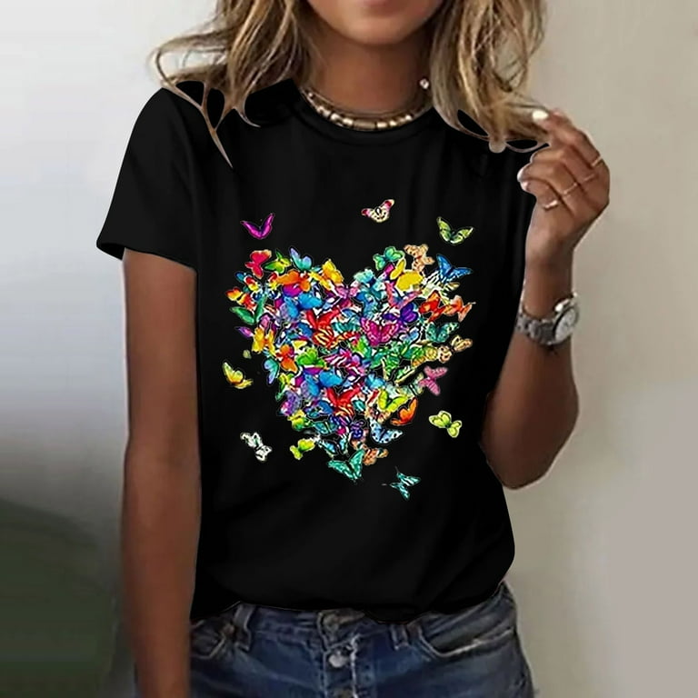 Black Juniors Tops Short Sleeve Lightweight Button Down Shirt Women Work Athletic Tops Women s Love Butterfly Printed Shirt Round Neck T Fashion Top Lightweight Soft Casual Summer Clothing Clothes Wal...
