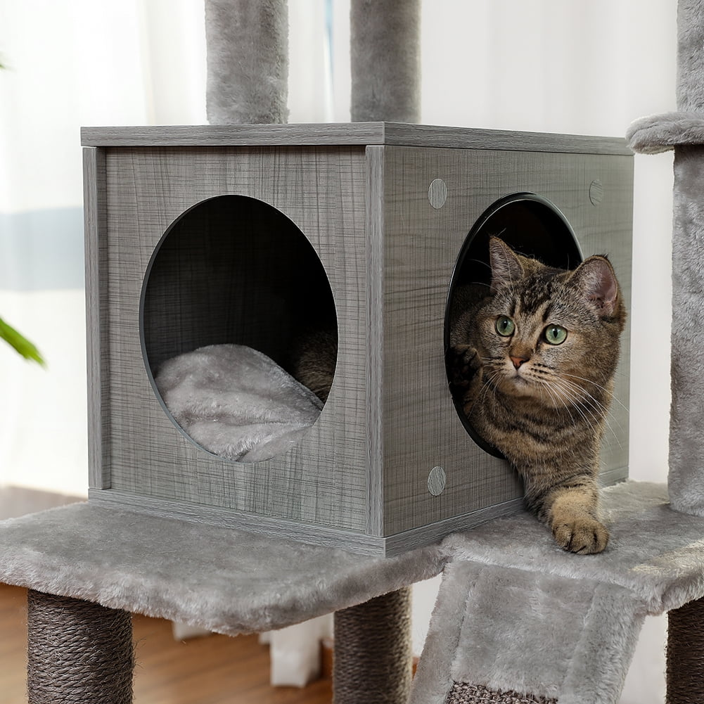 Kadyn Wooden Cat Tree Tower, Cat Condo Play House for Large Cats Featuring, Modern Cat Tree Condo with Fully Scratching Posts, Hammock, Padded Perch and Dangling Ball, Gray Kadyn Wooden Cat Tree Tower, Cat Condo Play House for Large Cats Featuring, Modern Cat Tree Condo with Fully Scratching Posts, Hammock, Padded Perch and Dangling Ball, Gray