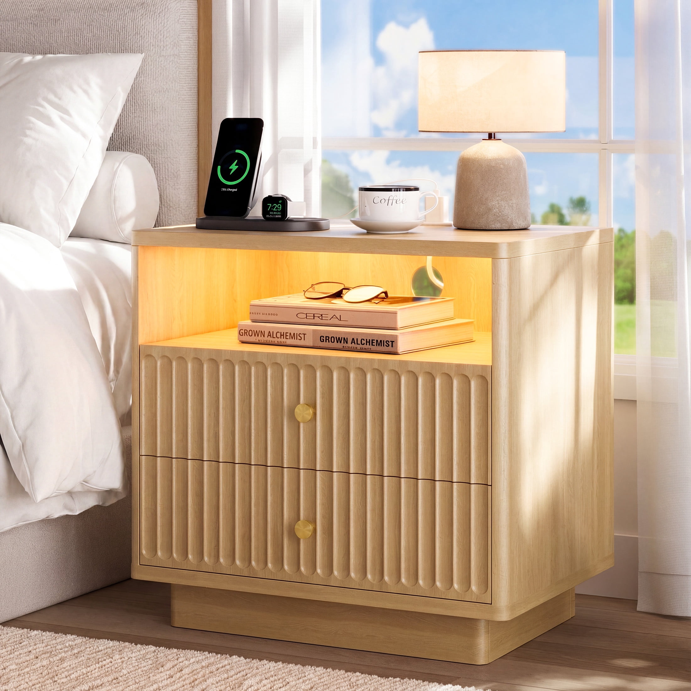 PAPROOS Nightstand with Charging Station, Large 2 Drawers Nightstand with Motion Sensor Light and Curved Corner Design, Fluted Extra Wide Bedside Table for Bedroom, Natural Oak