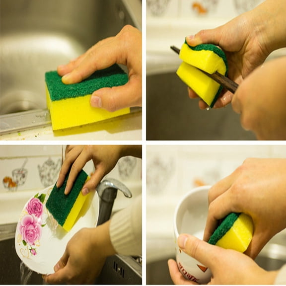 Oecoator 12pcs Sponge Scouring Pads Dishwashing Sponge Kitchen Cleaning Wash Pot Brushes(Yellow Green)