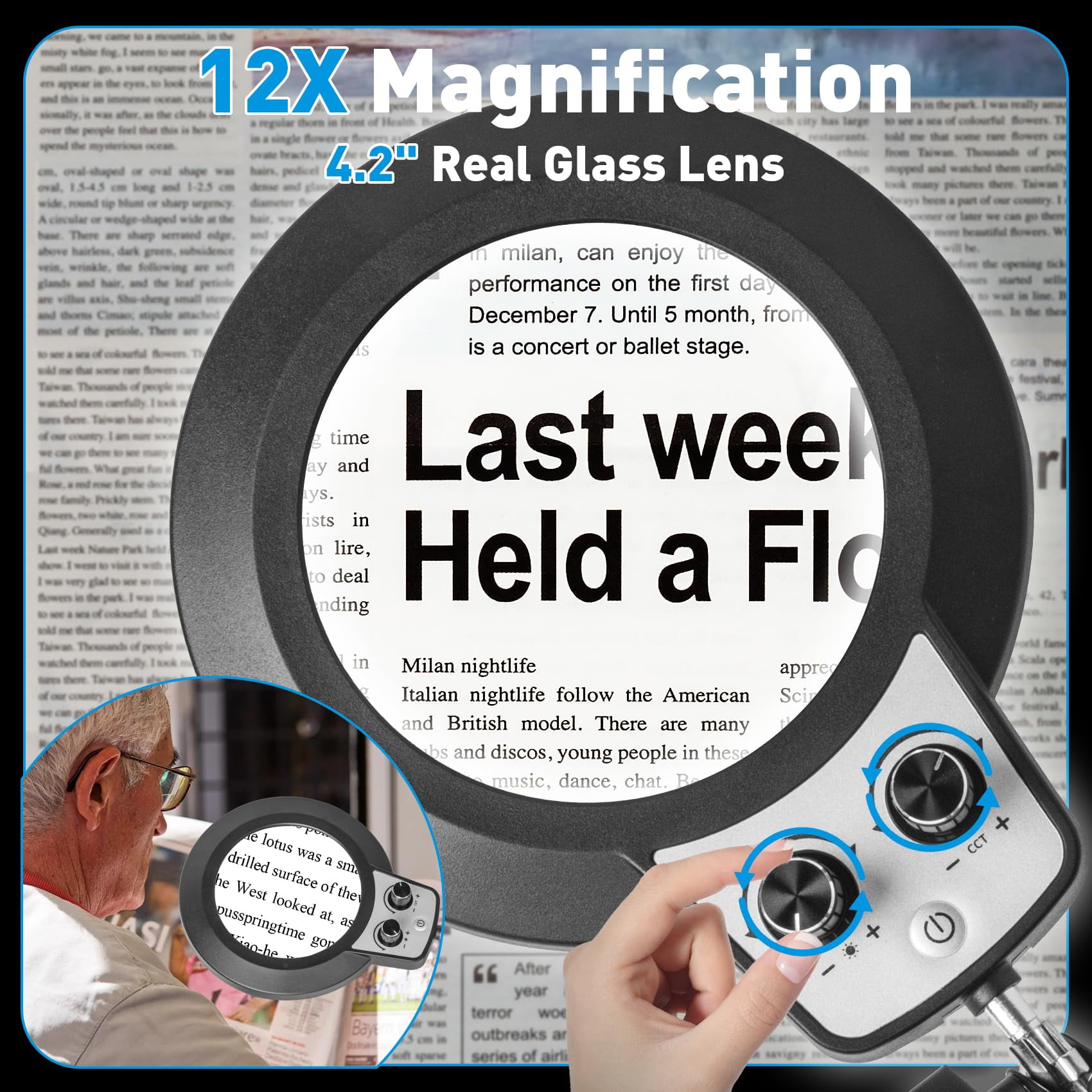 KIRKAS Magnifying Glass with Light, Long Swing Arm, Any Color Modes & Stepless Dimming LED Magnifying Lamp with Clamp, Memory Function Lighted Magnifier for Crafts, Reading, Hobby, Close Work