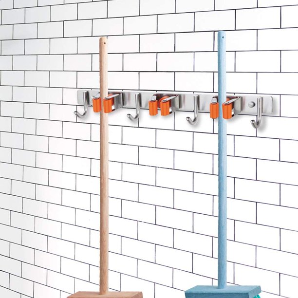 Soporte para escoba de utilidad, herramienta de almacenamiento montada en la pared de acero inoxidable, con 2 soportes y 3 ganchos, solución de almacenamiento para el hogar, la cocina, el ba?o, el jardín y el garaje LingWen 8390606652218
