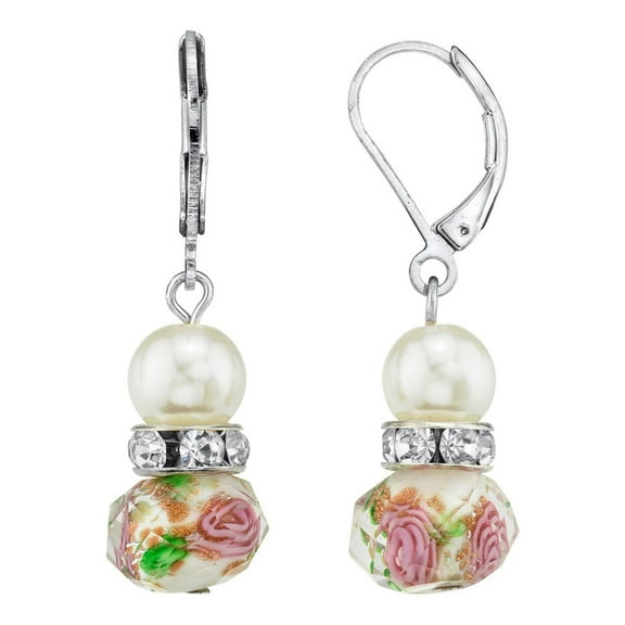 1928 Jewelry Women's Silver Tone Faux Pearl Pink & Green Beaded Drop Earrings