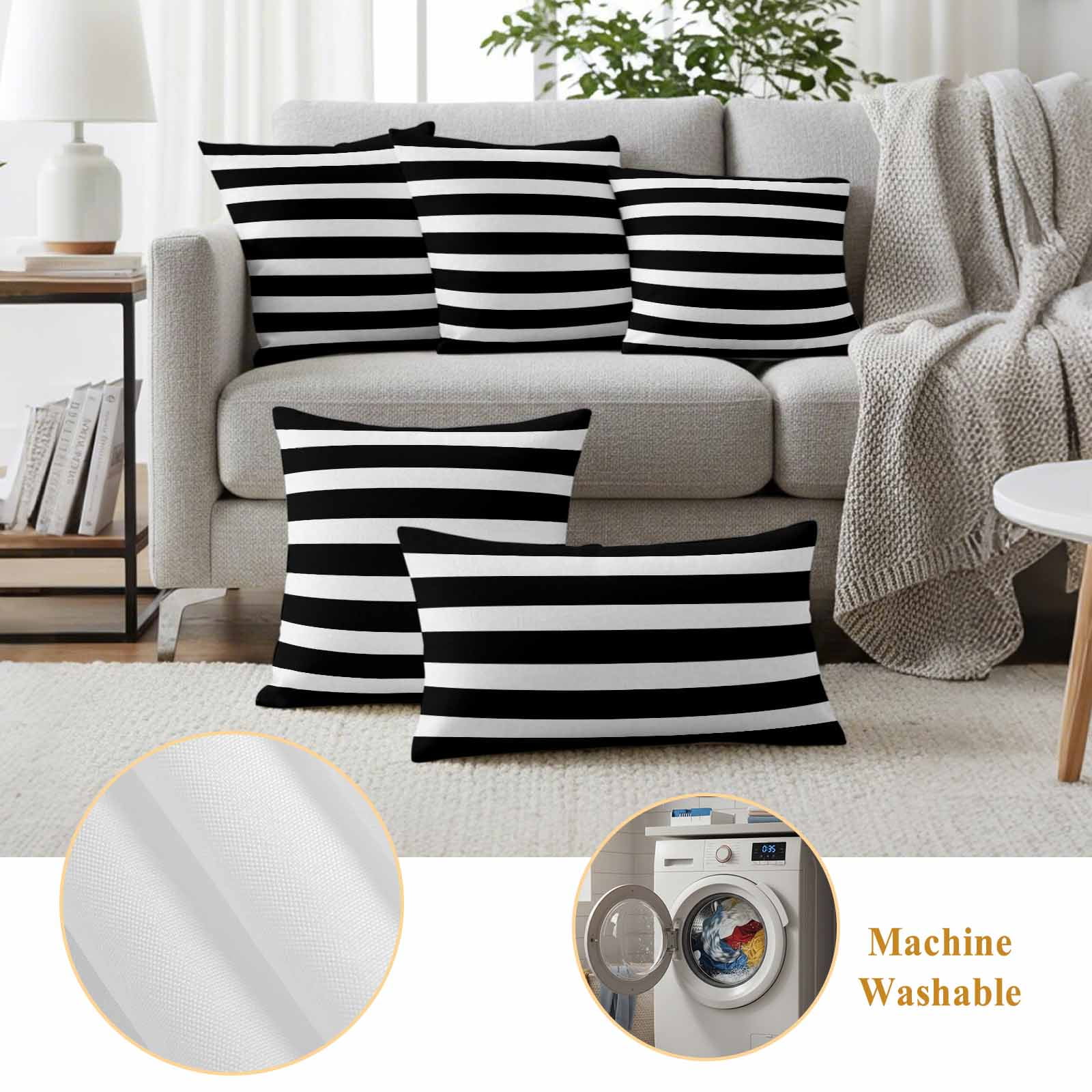 Black Striped Outdoor Waterproof Pillow Covers, Modern Simple Monochrome Geometric White Decorative Square Throw Pillowcase Sofa Cushion Sham for Patio/Couch/Chair, 16"x16" 2 Pack
