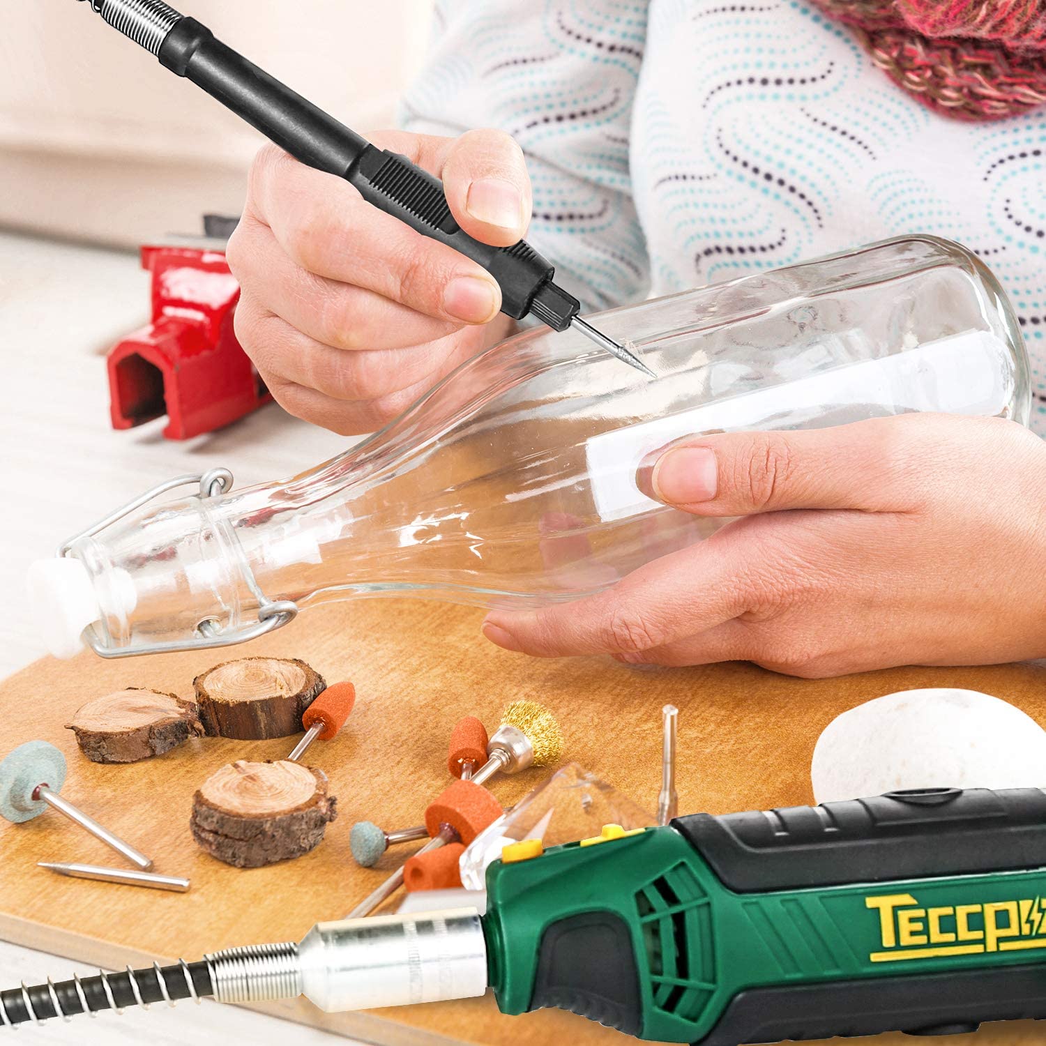 TECCPO Rotary Tool Kit, Variable Speed with Flex Shaft, 110 Accessories,  Attachments TART11P