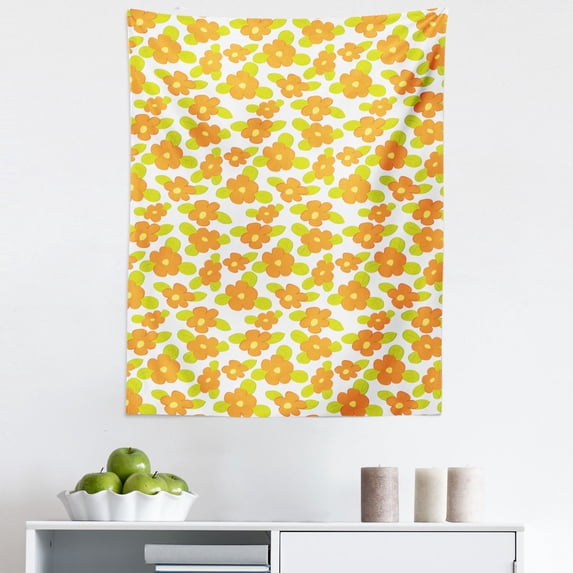Orange Tapestry, Theme Girlish Pattern with Doodle Flowers and Green Leaves, Fabric Wall Hanging Decor for Bedroom Living Room Dorm, 5 Sizes, Apple Green Orange, by Ambesonne