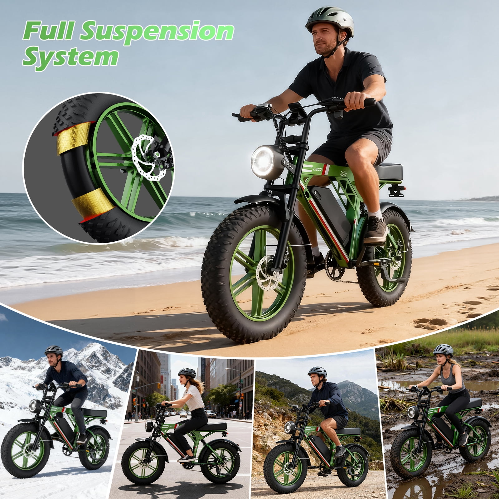 EggKing C200 1000W Electric Bike for Adults, 20" Fat Tire E-Mountain Bikes, 48V 17.5Ah 31MPH Electric Bicycle, Full Suspension UL2849 Green